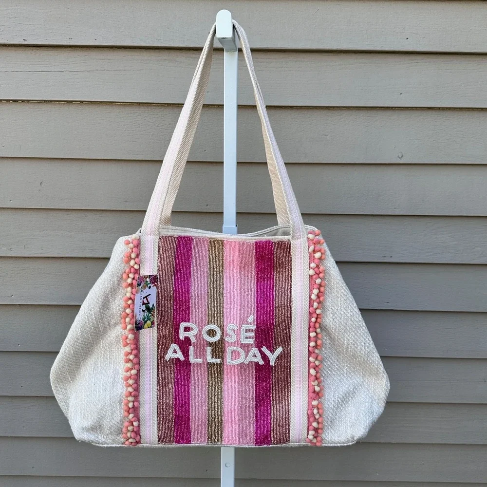 America & Beyond Rose' All Day Embellished Glitter Beaded Tote Bag Beach